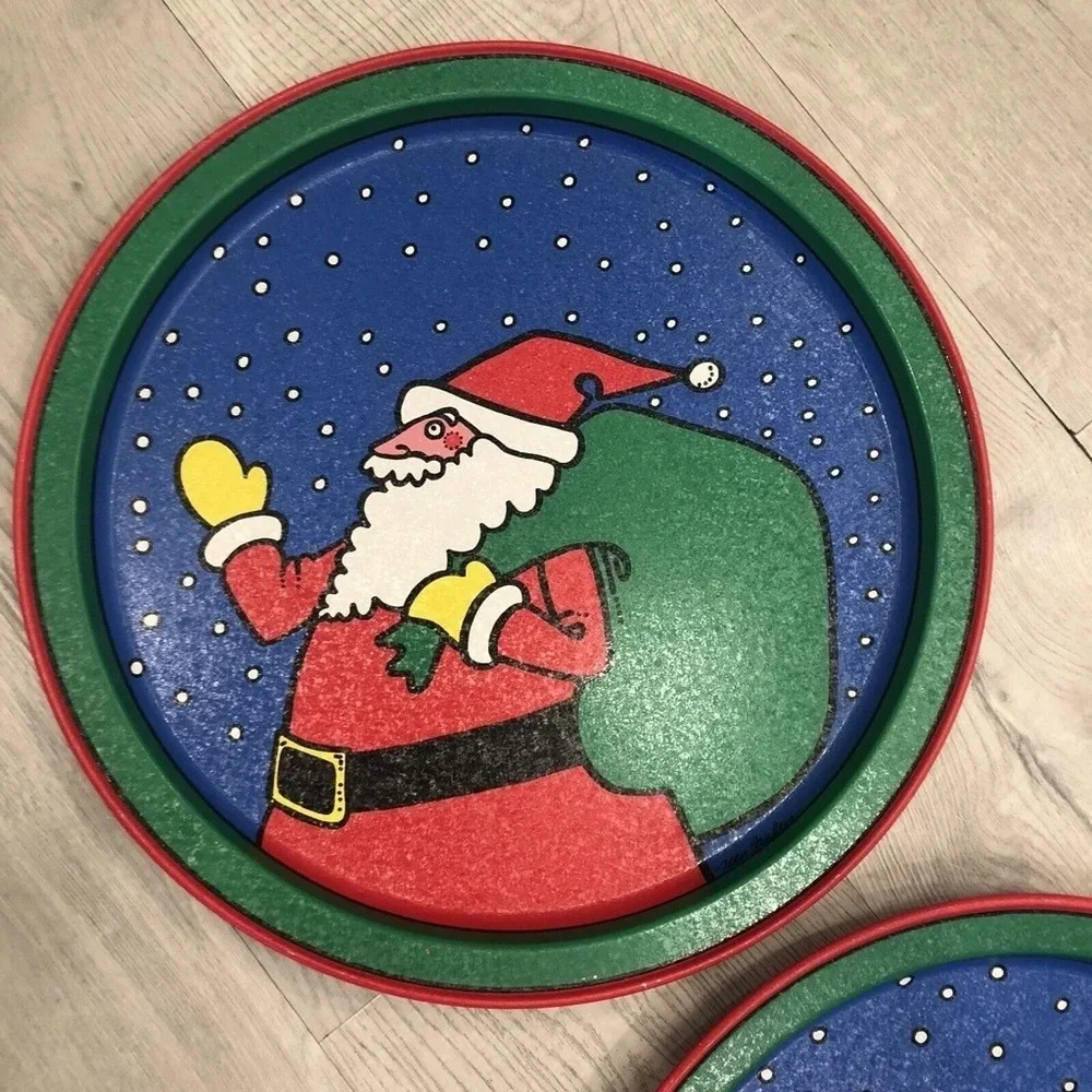 Vintage Ken Saunders Potpourri Press 1989 Retro Santa Tin Trays TWO Signed.